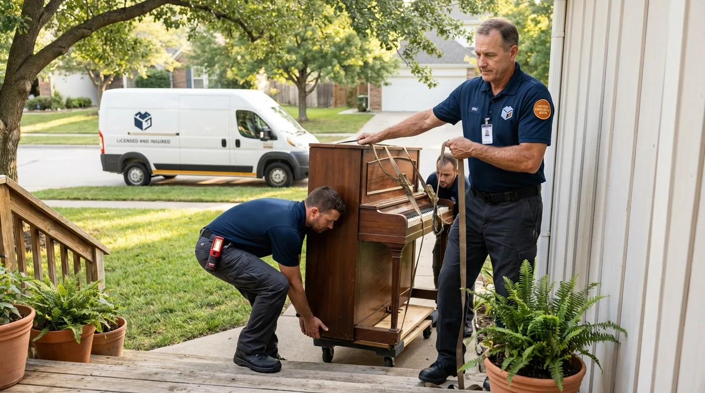 Licensed piano movers securing grand piano in Chelsea, NY