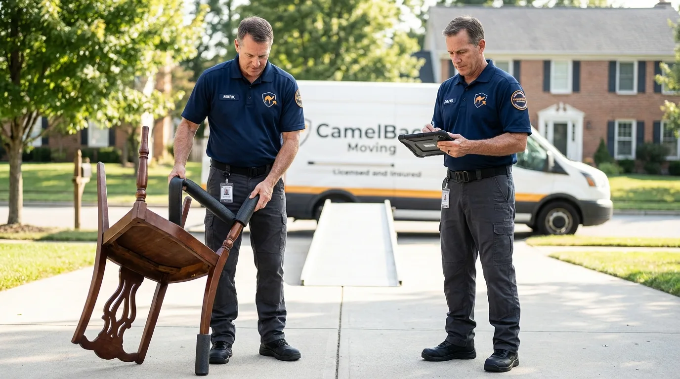 Movers inspecting furniture for damage prevention before loading in Chelsea, NY