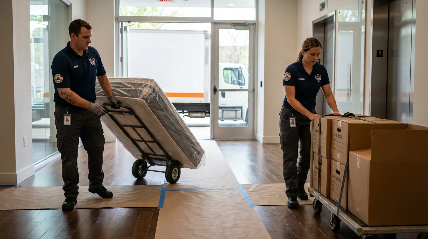 Professional apartment movers loading elevator in Chelsea, NY